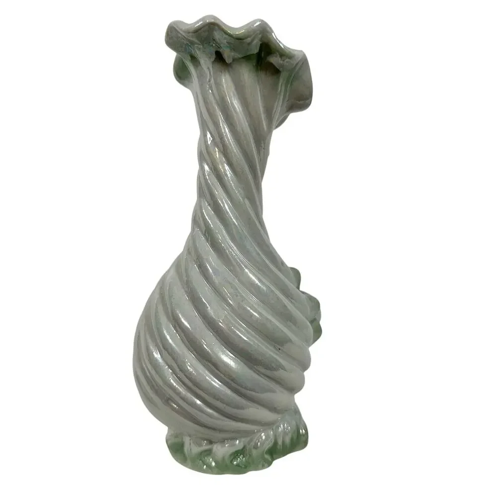 VTG Ceramic Iridescent Blue Sea Ocean Wave 2 Dolphins Scallop Shell Bud Vase